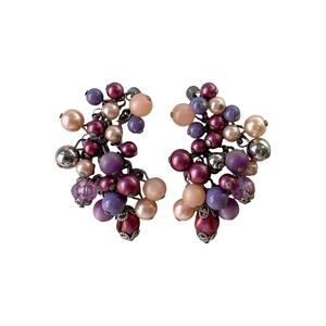 Vintage Purple & Peach Beaded Cluster Ear Climber Clip-On Earrings